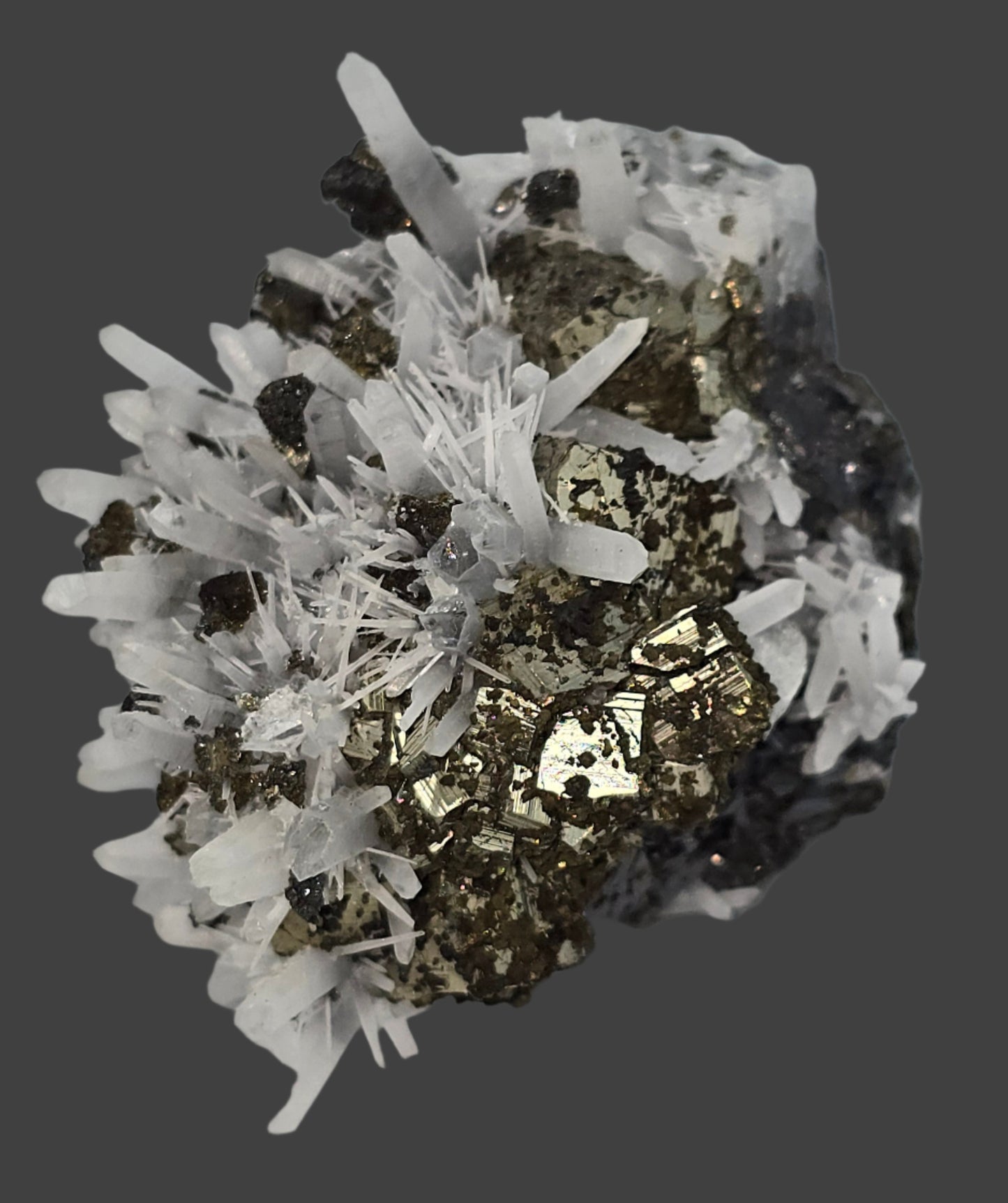 CHALCOPYRITE, PYRITE with NEEDLE QUARTZ SMALL CABINET