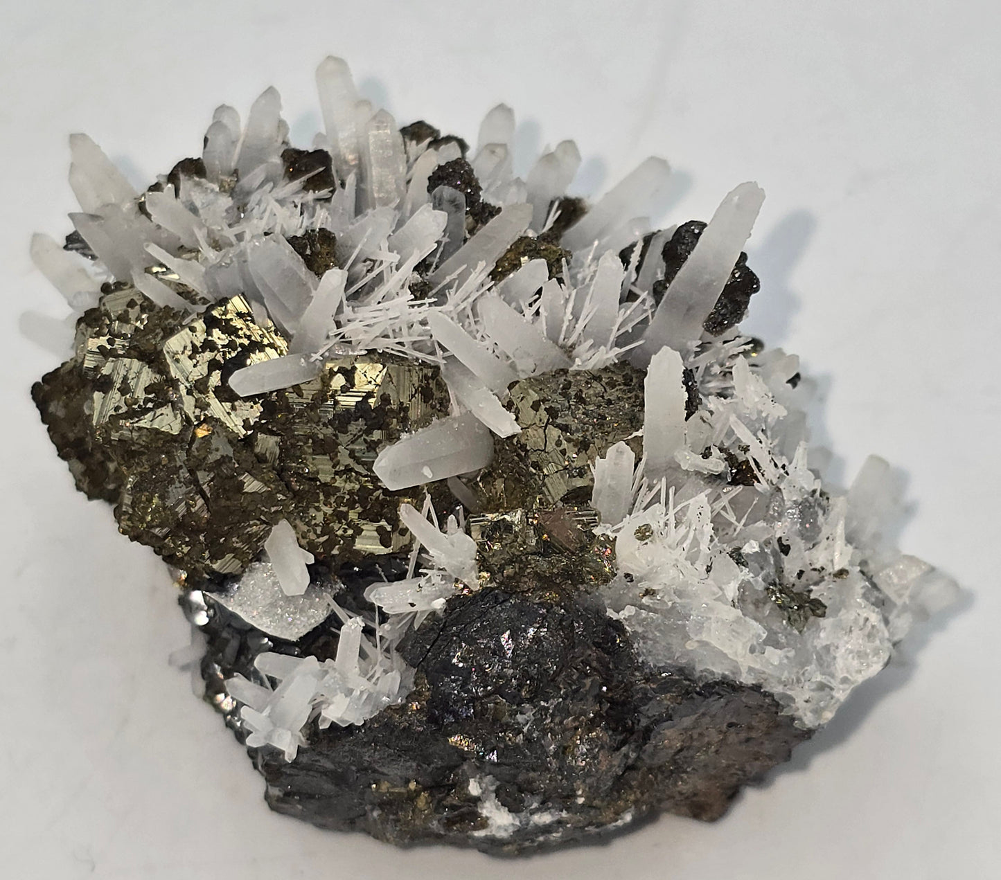 CHALCOPYRITE, PYRITE with NEEDLE QUARTZ SMALL CABINET
