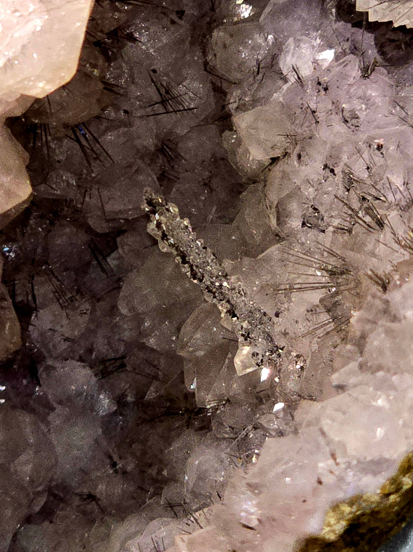 RUTILE NEEDLES, INTERGROWN WITH QUARTZ and CALCITE (GEODE) (large cabinet)