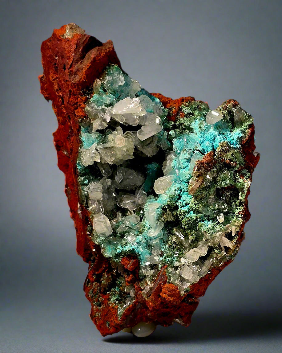 HEMIMORPHITE WITH MULTIPLE COPPER MINERALS ON LIMONITE (small cabinet)