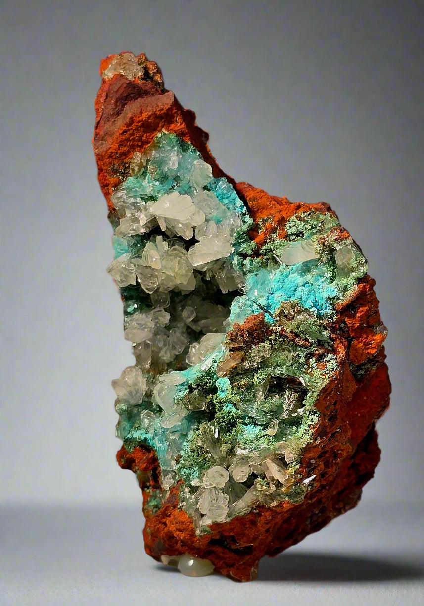 HEMIMORPHITE WITH MULTIPLE COPPER MINERALS ON LIMONITE (small cabinet)