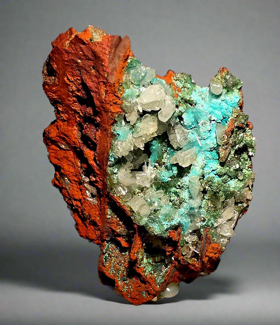 HEMIMORPHITE WITH MULTIPLE COPPER MINERALS ON LIMONITE (small cabinet)