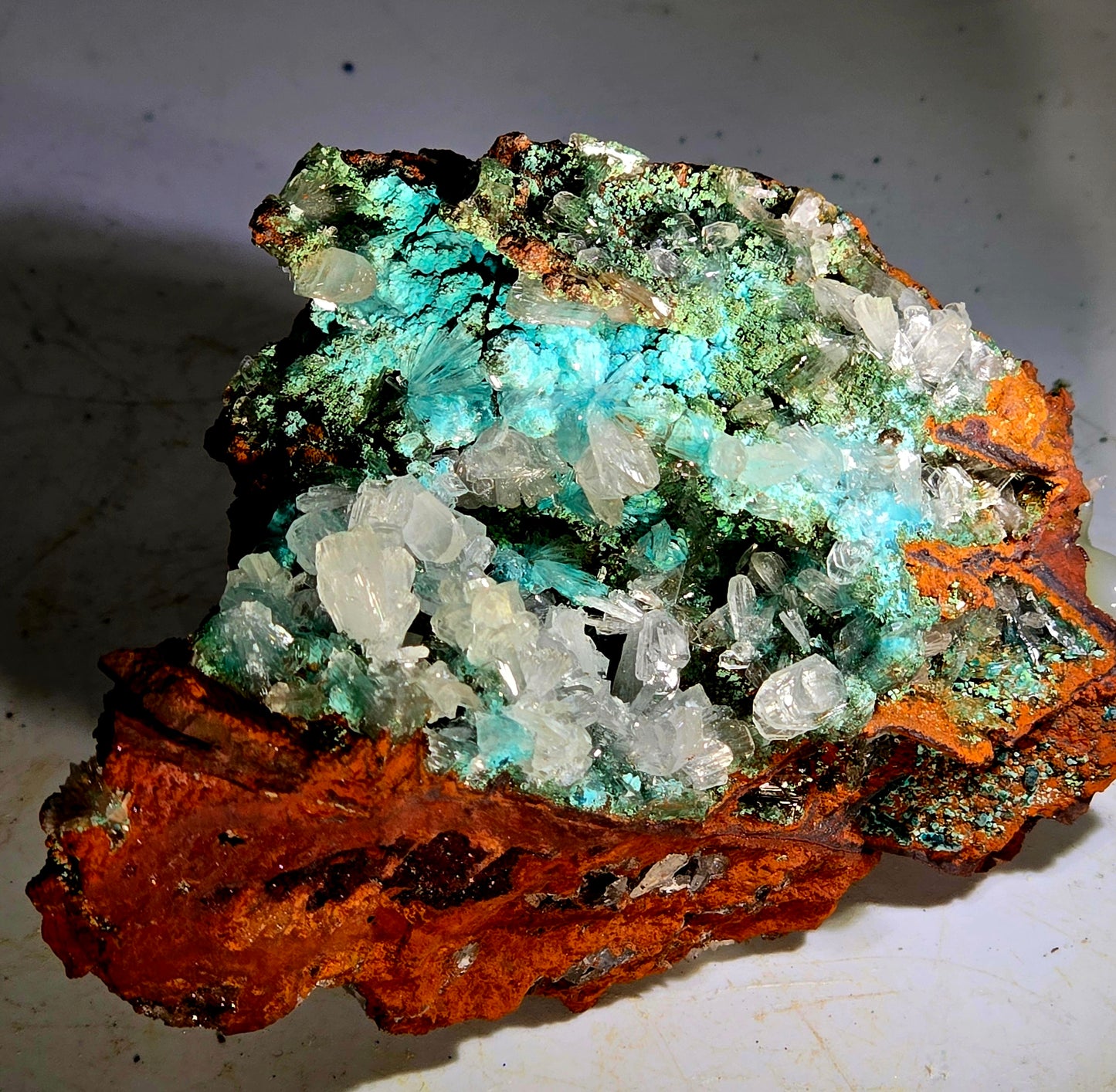 HEMIMORPHITE WITH MULTIPLE COPPER MINERALS ON LIMONITE (small cabinet)