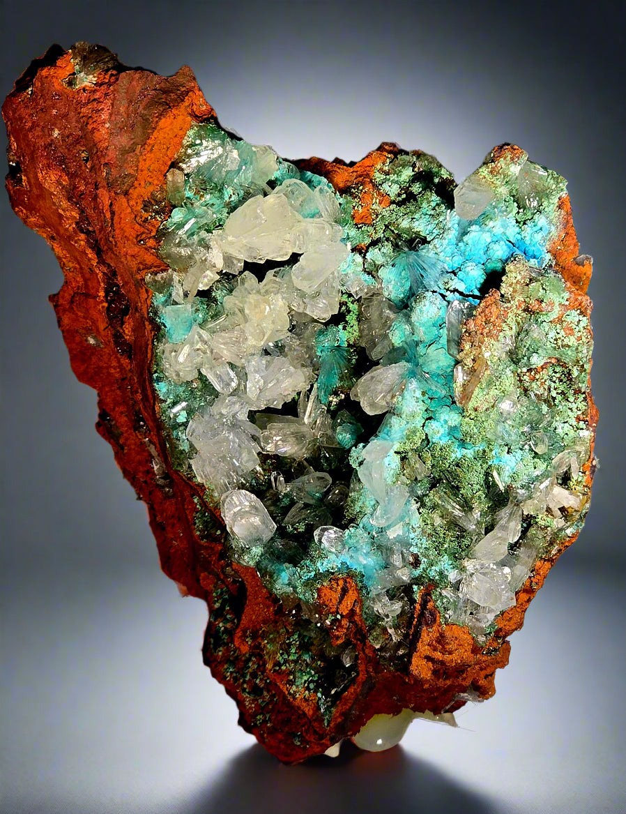 HEMIMORPHITE WITH MULTIPLE COPPER MINERALS ON LIMONITE (small cabinet)