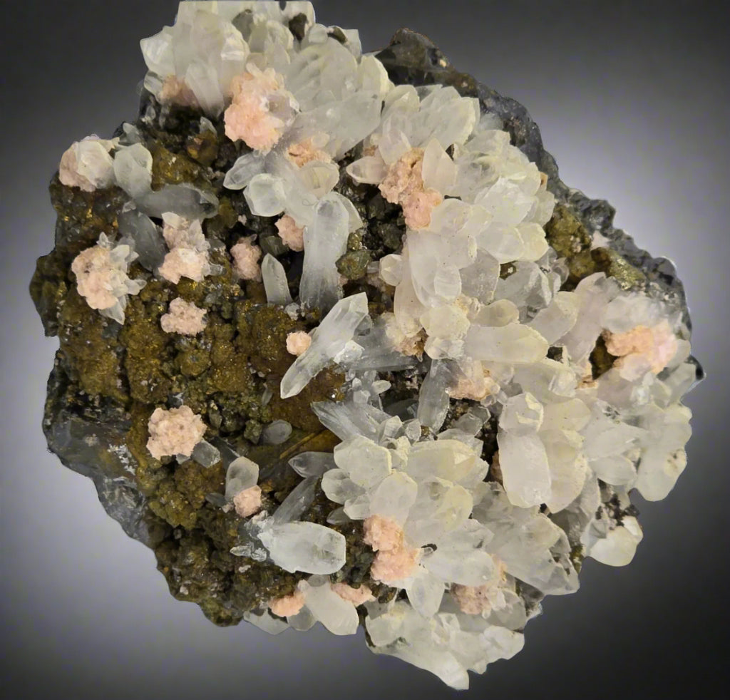 RHODOCHROSITE, CHALCOPYRITE, QUARTZ, SPHALERITE, SAN JOSE DE HUAYLLAY DISTR. CERRO DE PASCO PROV, PERU  CABINET