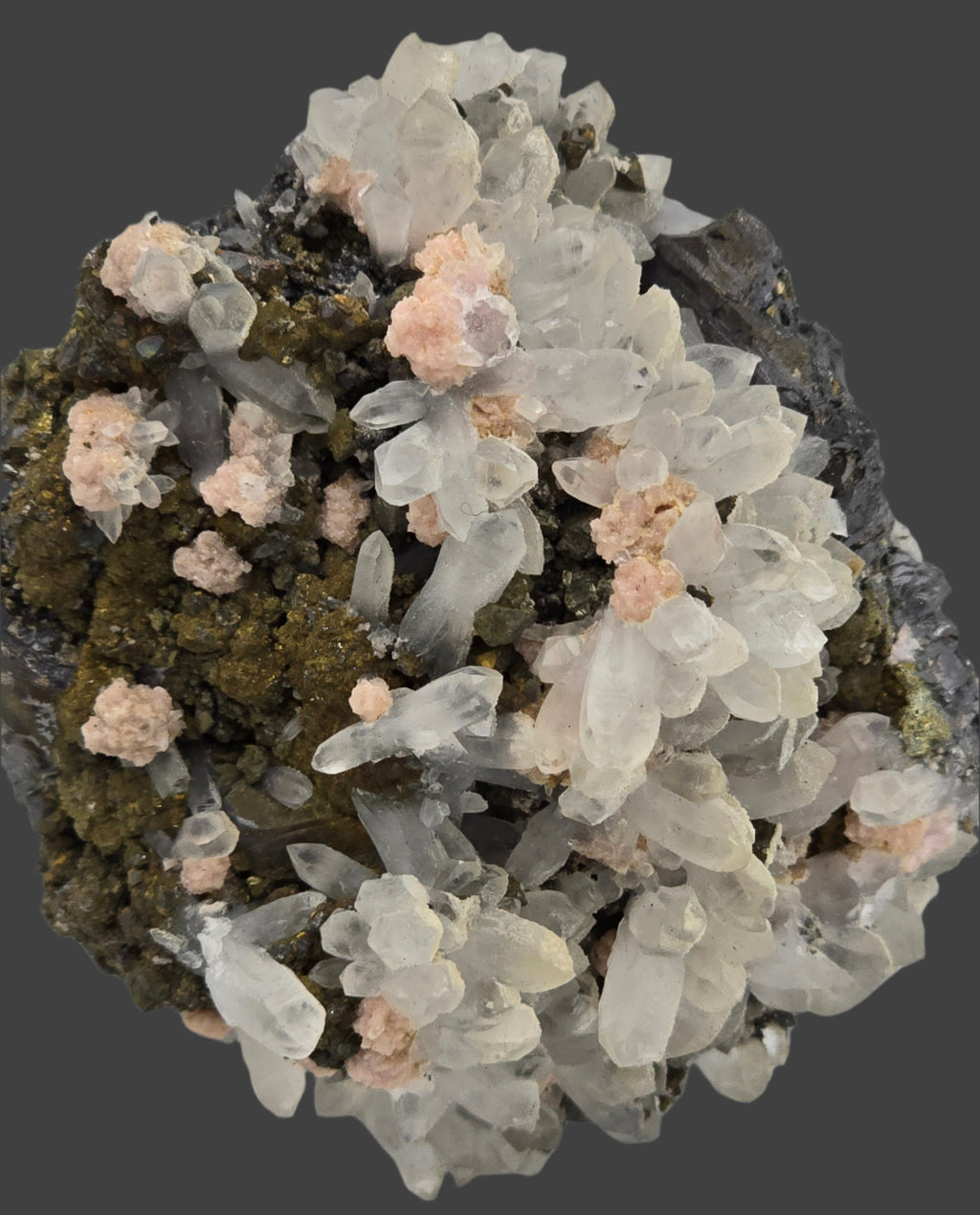 RHODOCHROSITE, CHALCOPYRITE, QUARTZ, SPHALERITE, SAN JOSE DE HUAYLLAY DISTR. CERRO DE PASCO PROV, PERU  CABINET