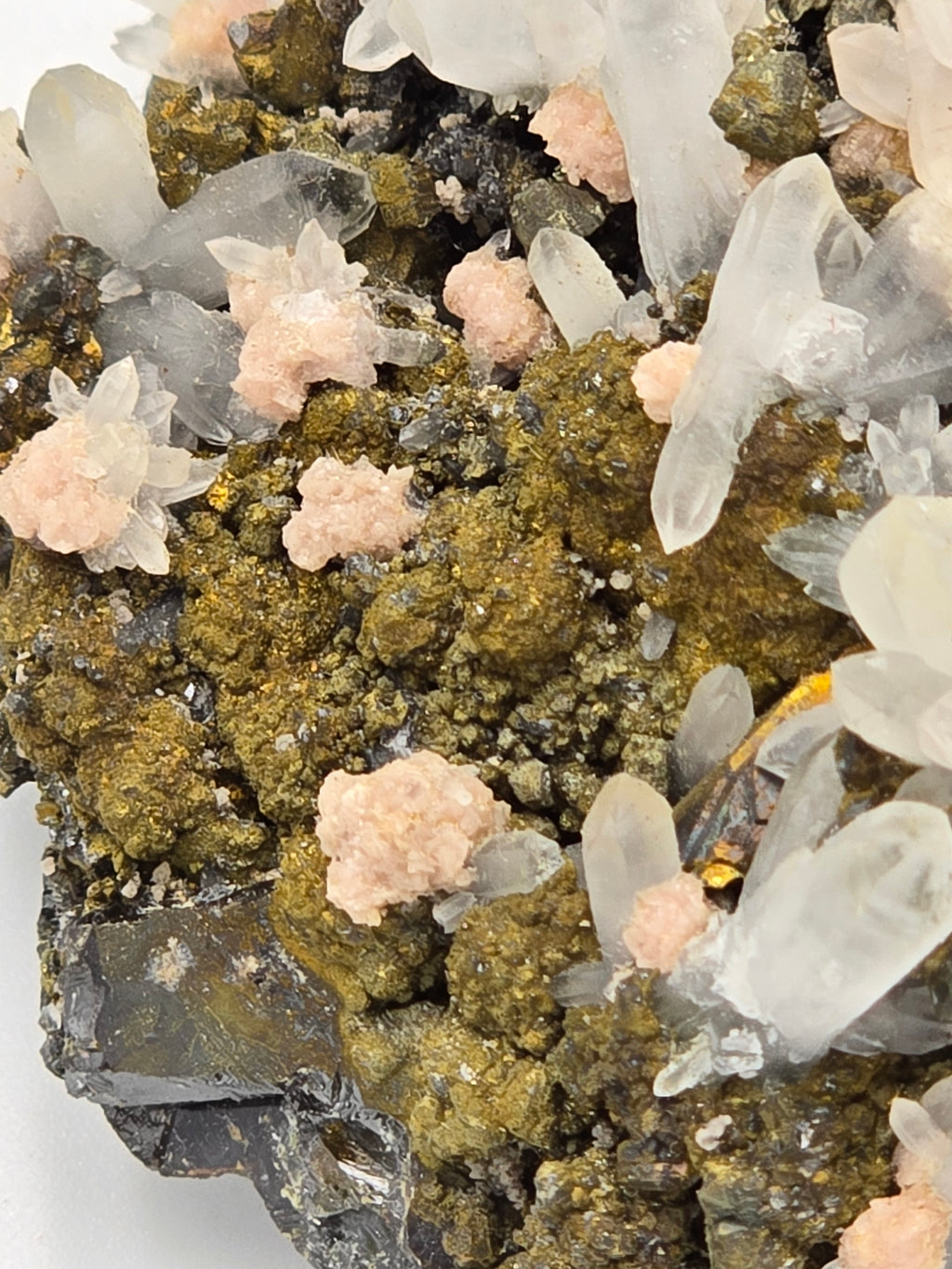 RHODOCHROSITE, CHALCOPYRITE, QUARTZ, SPHALERITE, SAN JOSE DE HUAYLLAY DISTR. CERRO DE PASCO PROV, PERU  CABINET