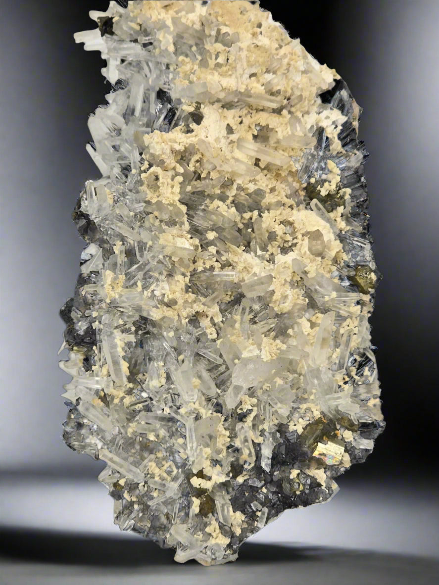 CHALCOPYRITE, PYRITE, MANGANO CALCITE, SPHALERITE with QUARTZ  (small cabinet)