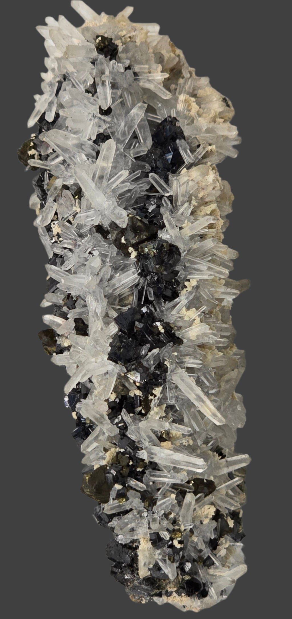 CHALCOPYRITE, PYRITE, MANGANO CALCITE, SPHALERITE with QUARTZ  (small cabinet)