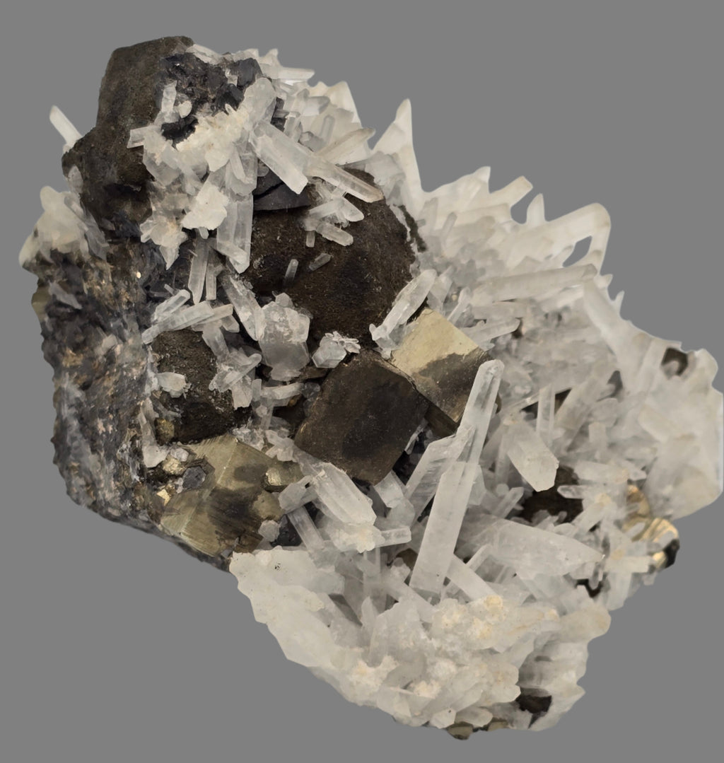 CHALCOPYRITE, PYRITE, MANGANOCALCITE with QUARTZ  (cabinet)