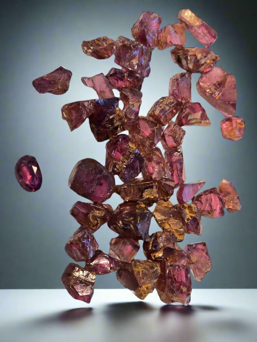 GARNET BATCH OF CRYSTALS AND ONE CUT STONE FROM THIS BADGE