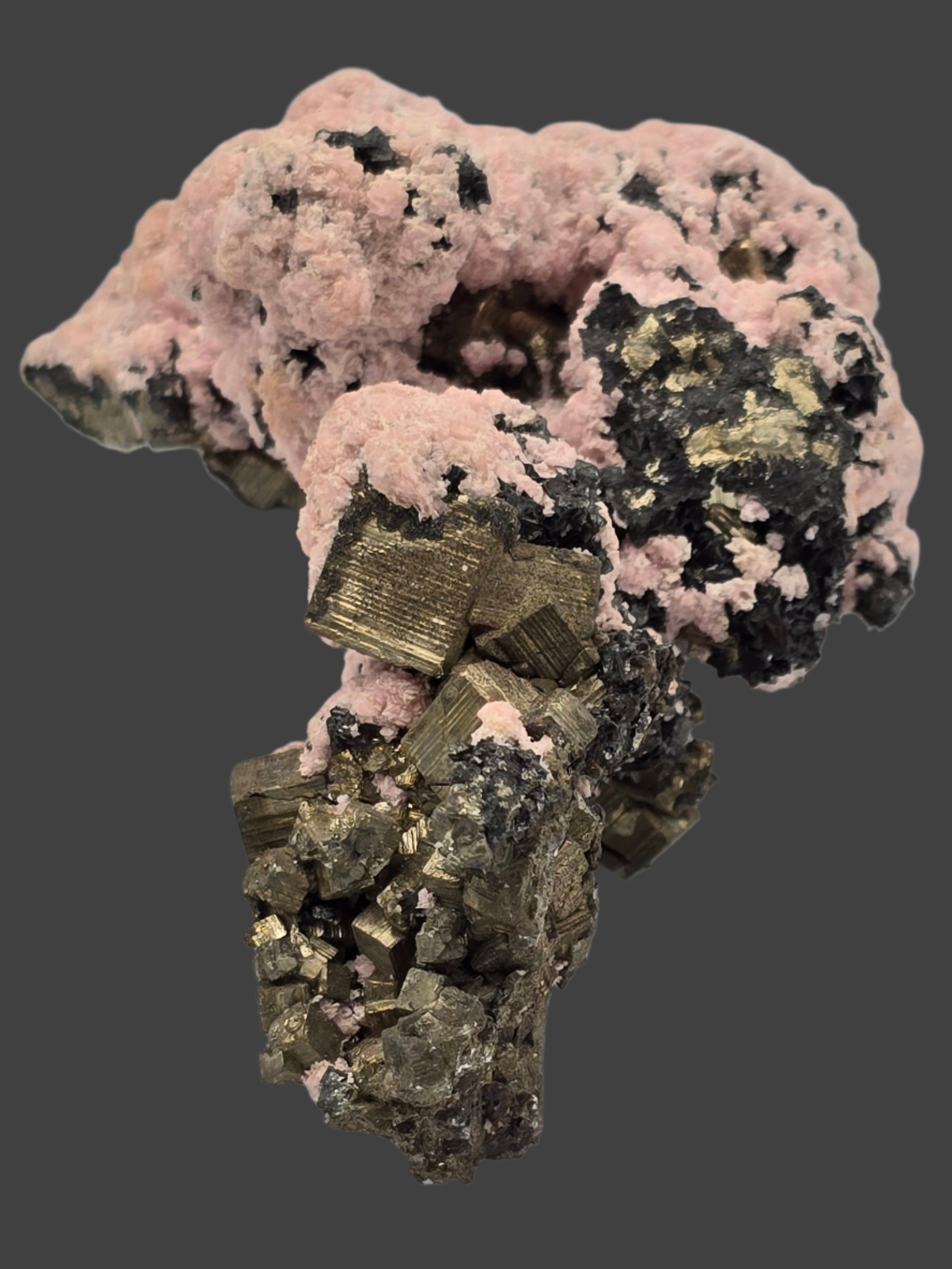 RHODOCHROSITE, CHALCOPYRITE, PYRITE  (cabinet)