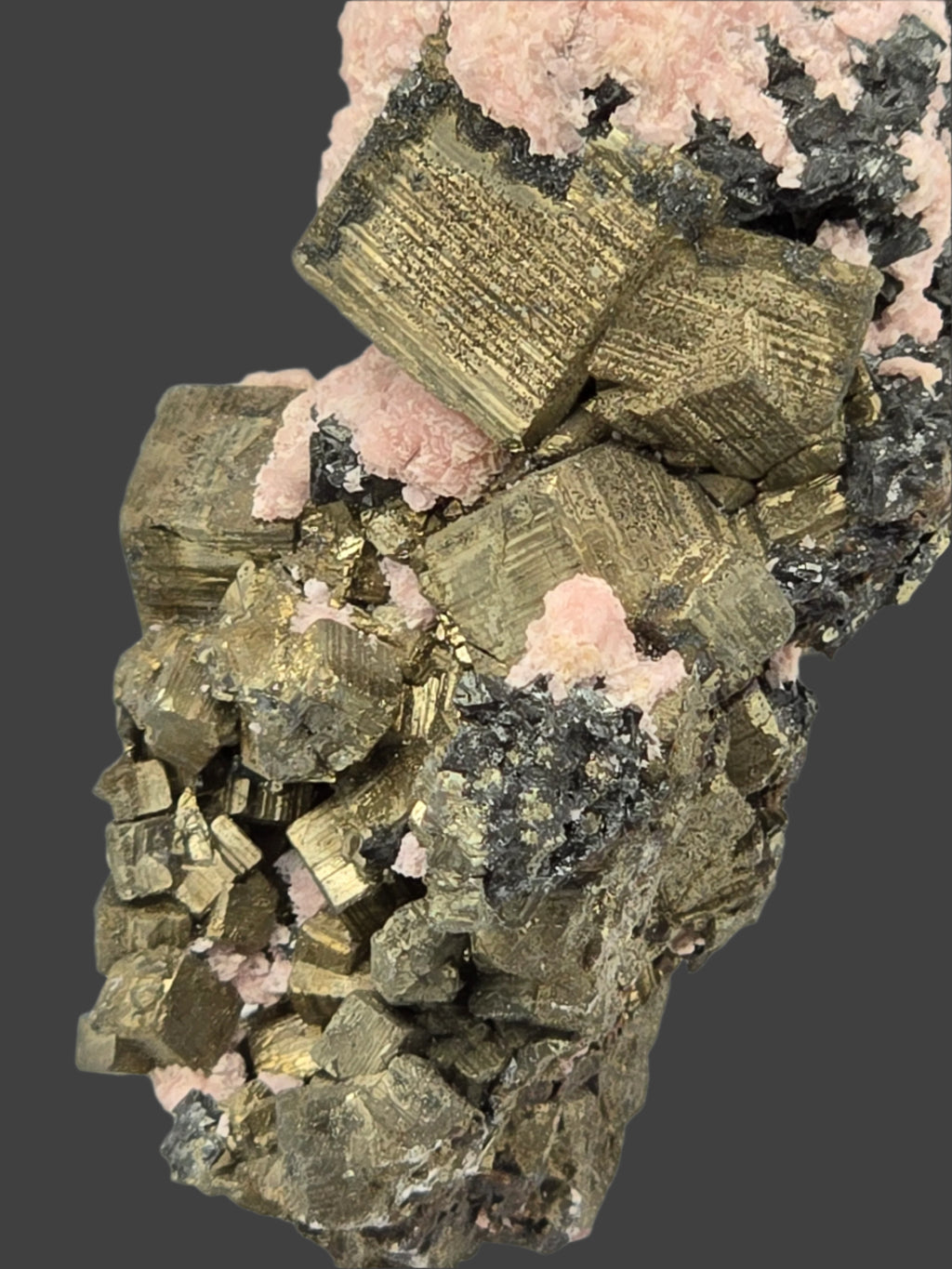 RHODOCHROSITE, CHALCOPYRITE, PYRITE  (cabinet)