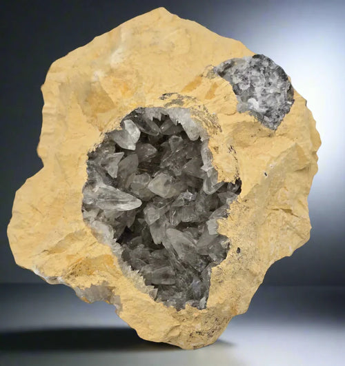 Quartz crystal geode specimen with clear points in yellow matrix, mineral collector display