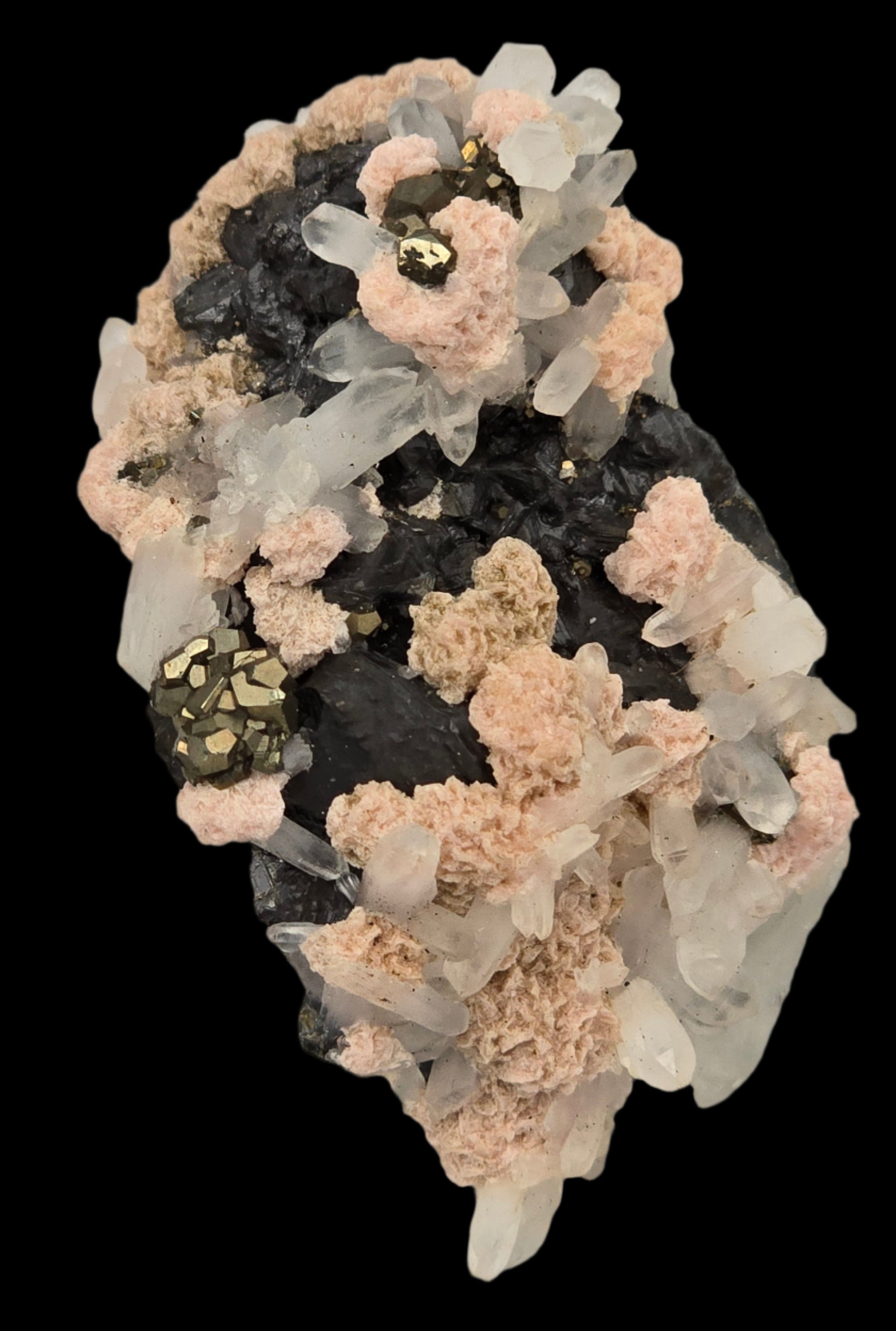 RHODOCHROSITE, CHALCOPYRITE, QUARTZ, SPHALERITE (small cabinet)
