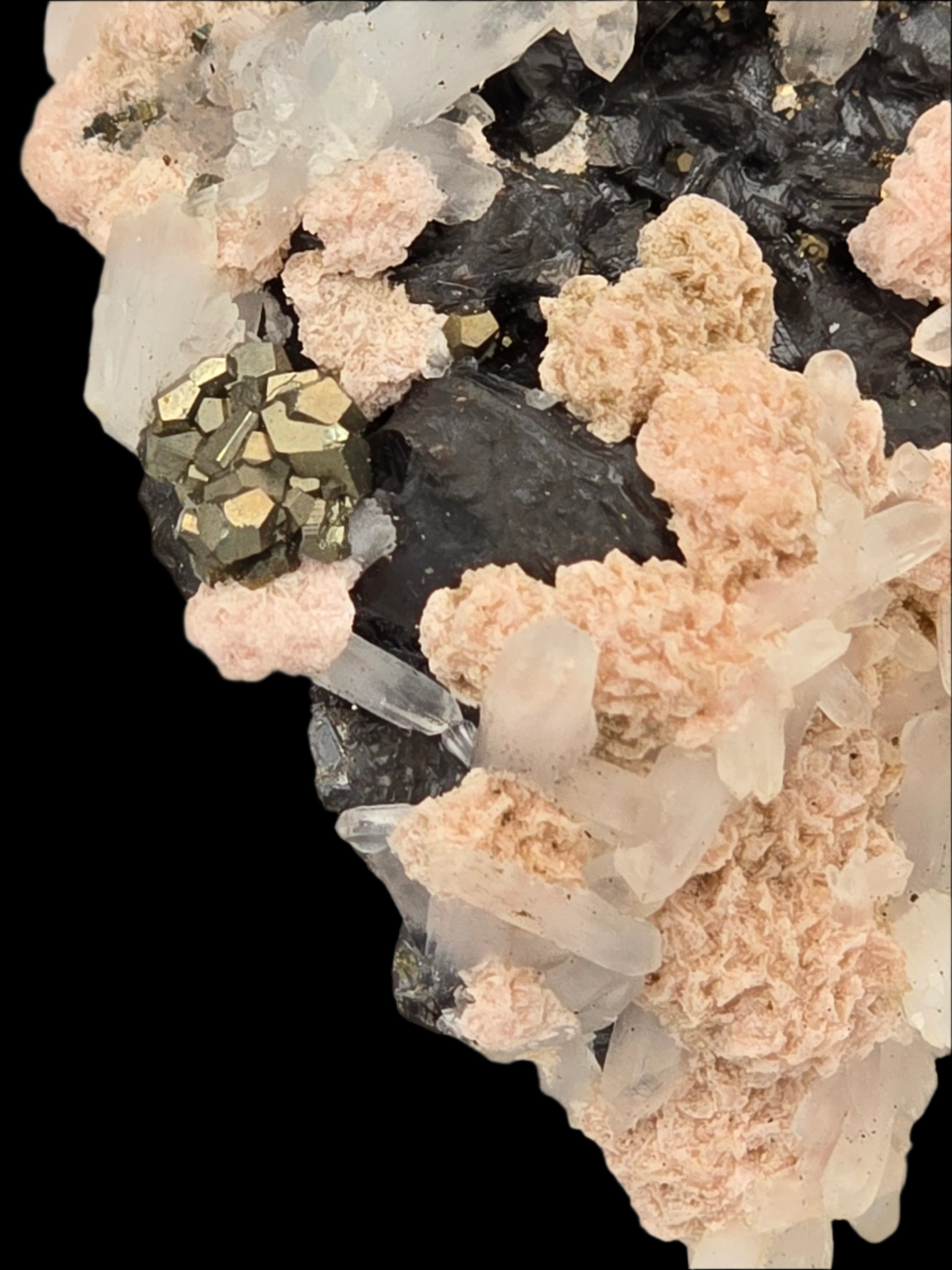 RHODOCHROSITE, CHALCOPYRITE, QUARTZ, SPHALERITE (small cabinet)