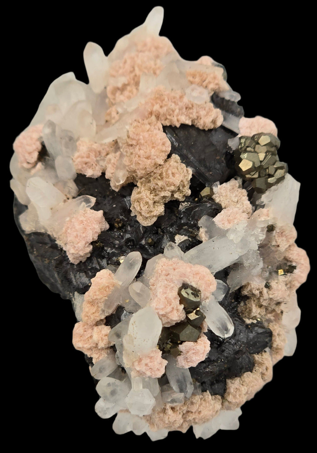 RHODOCHROSITE, CHALCOPYRITE, QUARTZ, SPHALERITE (small cabinet)