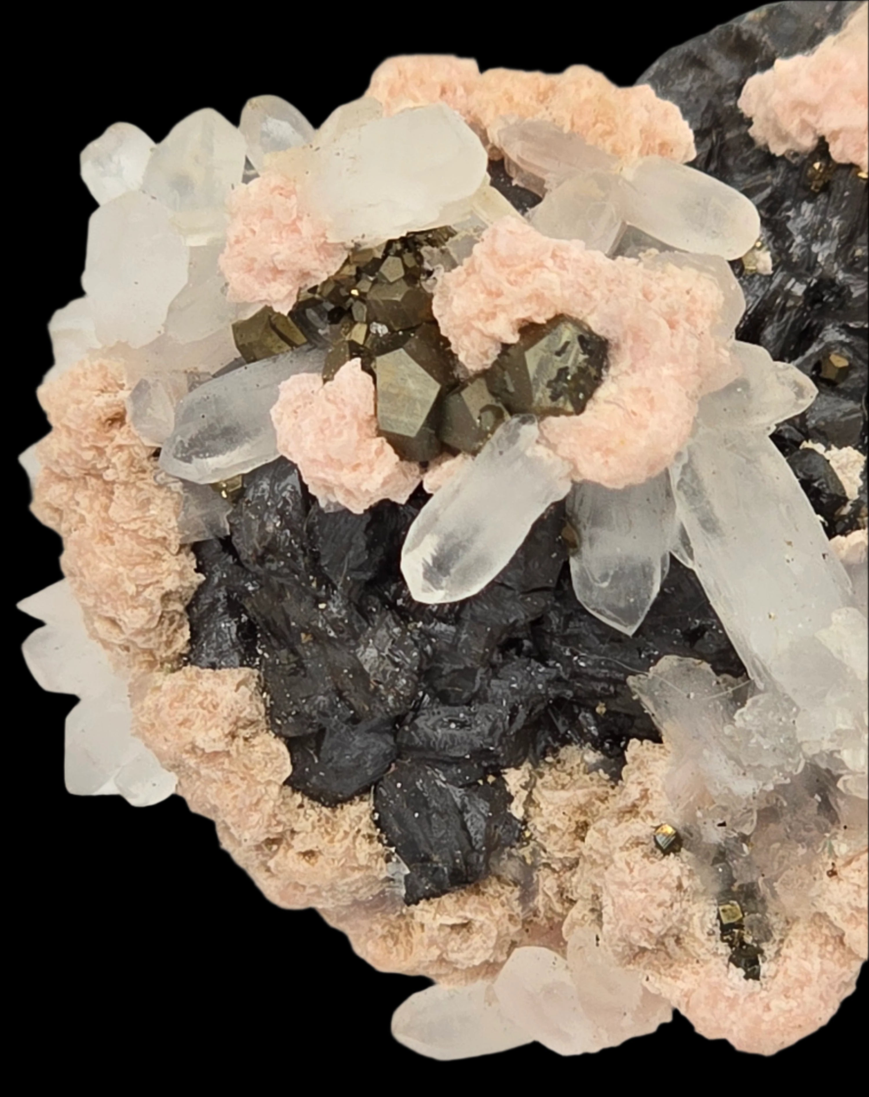 RHODOCHROSITE, CHALCOPYRITE, QUARTZ, SPHALERITE (small cabinet)