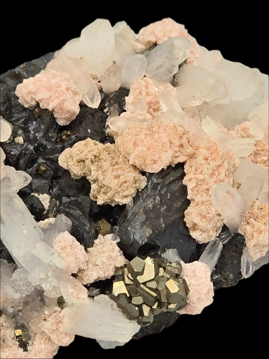 RHODOCHROSITE, CHALCOPYRITE, QUARTZ, SPHALERITE (small cabinet)