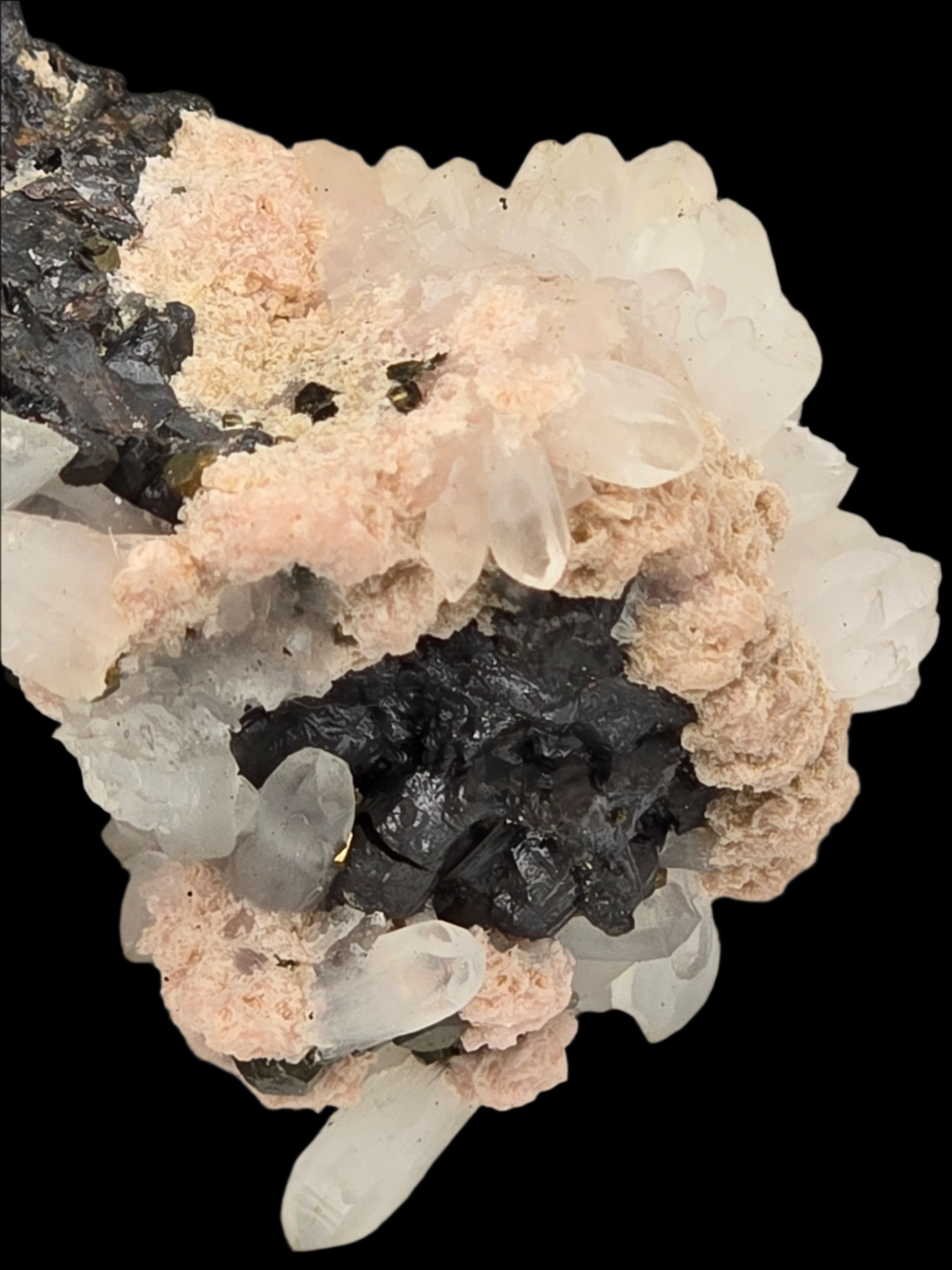 RHODOCHROSITE, CHALCOPYRITE, QUARTZ, SPHALERITE (small cabinet)