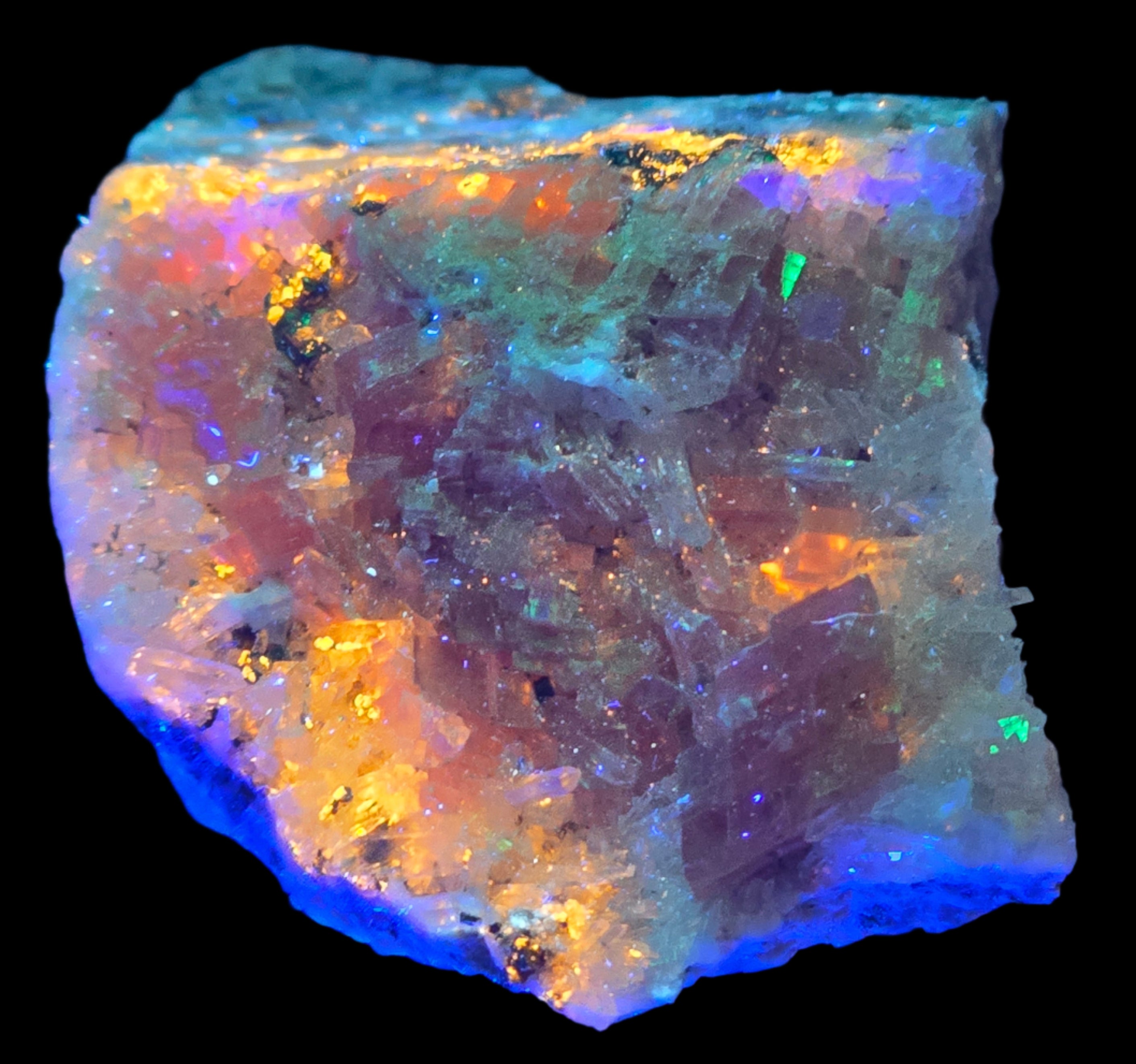 RHODOCHROSITE, QUARTZ and SPHALERITE (orange in LW UV) (small cabinet)