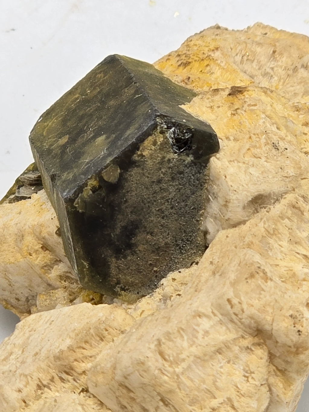 Dark green Fluorite crystal on yellow matrix, mineral specimen for collectors