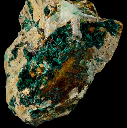Malachite and Calcite mineral specimen with vibrant green clusters on matrix