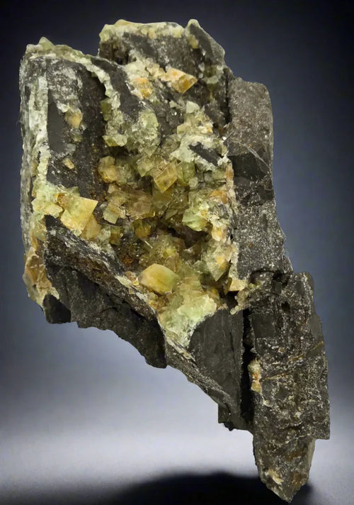 Fluorite crystals on matrix from classic locality, vibrant green-yellow mineral specimen for collectors