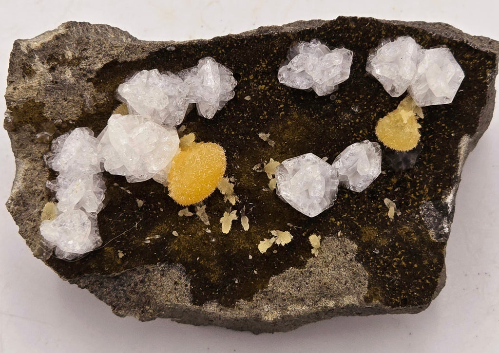 CHABAZITE with CALCITE (plus a green, so far unidentified, mineral (needles) (small cabinet)