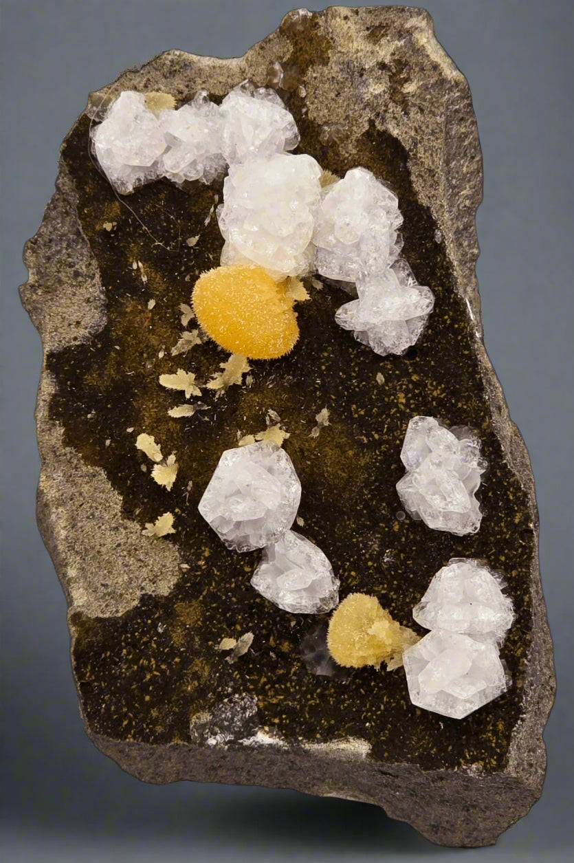 CHABAZITE with CALCITE (plus a green, so far unidentified, mineral (needles) (small cabinet)