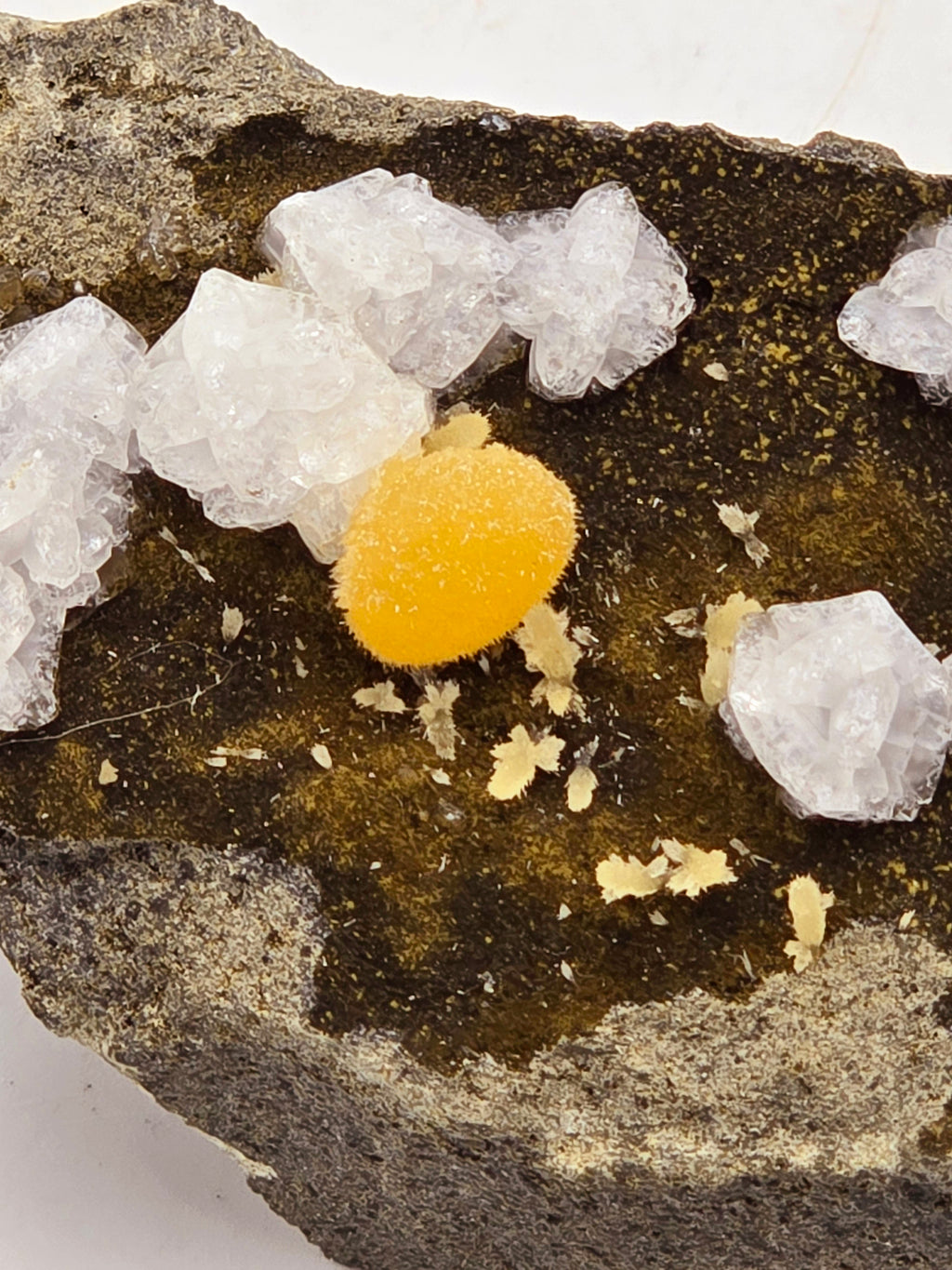 CHABAZITE with CALCITE (plus a green, so far unidentified, mineral (needles) (small cabinet)