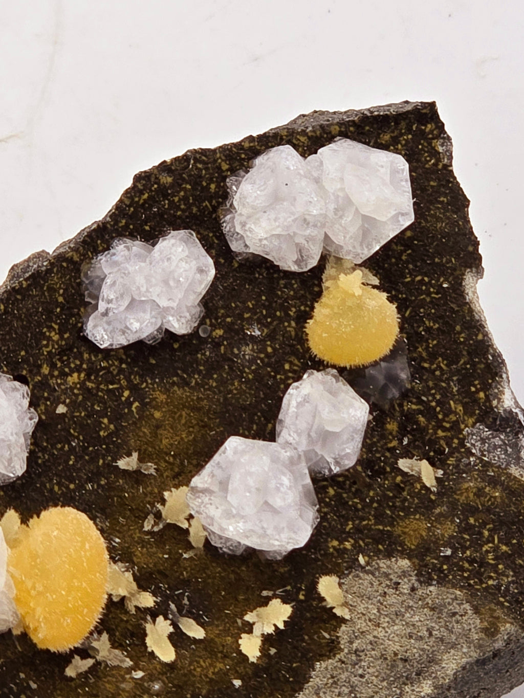 CHABAZITE with CALCITE (plus a green, so far unidentified, mineral (needles) (small cabinet)