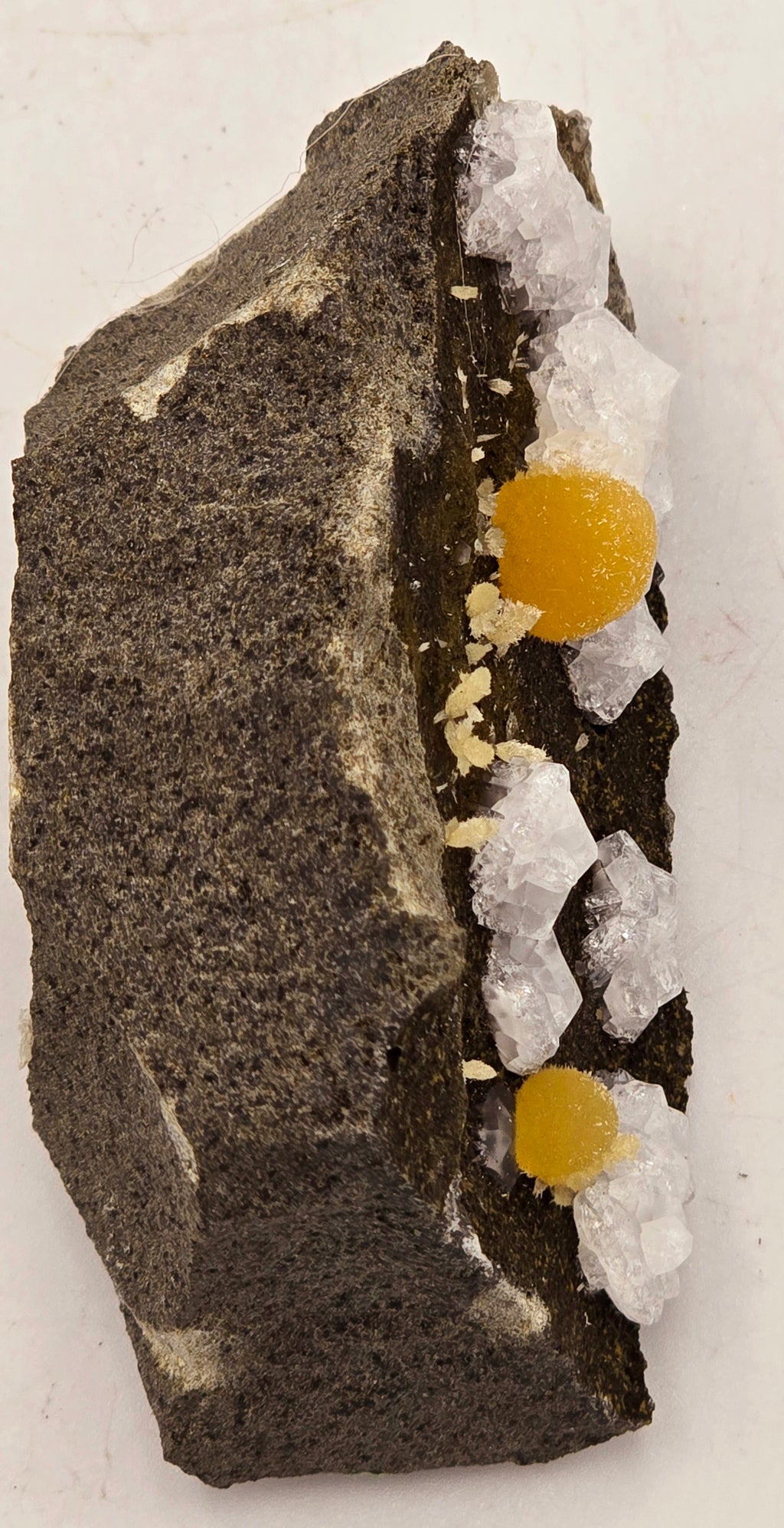 CHABAZITE with CALCITE (plus a green, so far unidentified, mineral (needles) (small cabinet)