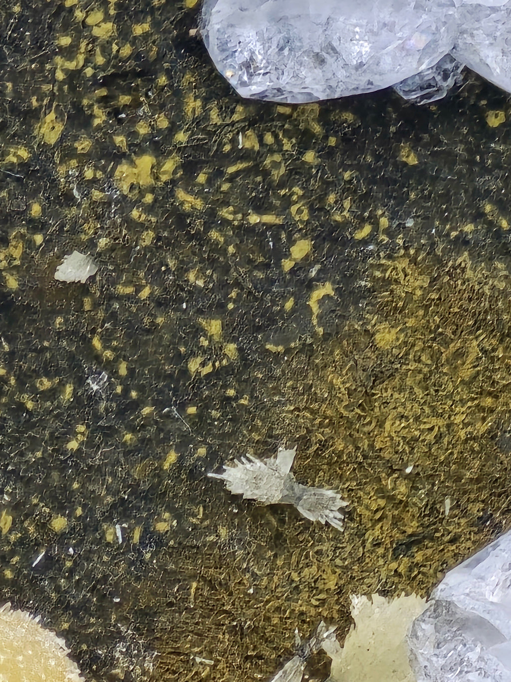 CHABAZITE with CALCITE (plus a green, so far unidentified, mineral (needles) (small cabinet)