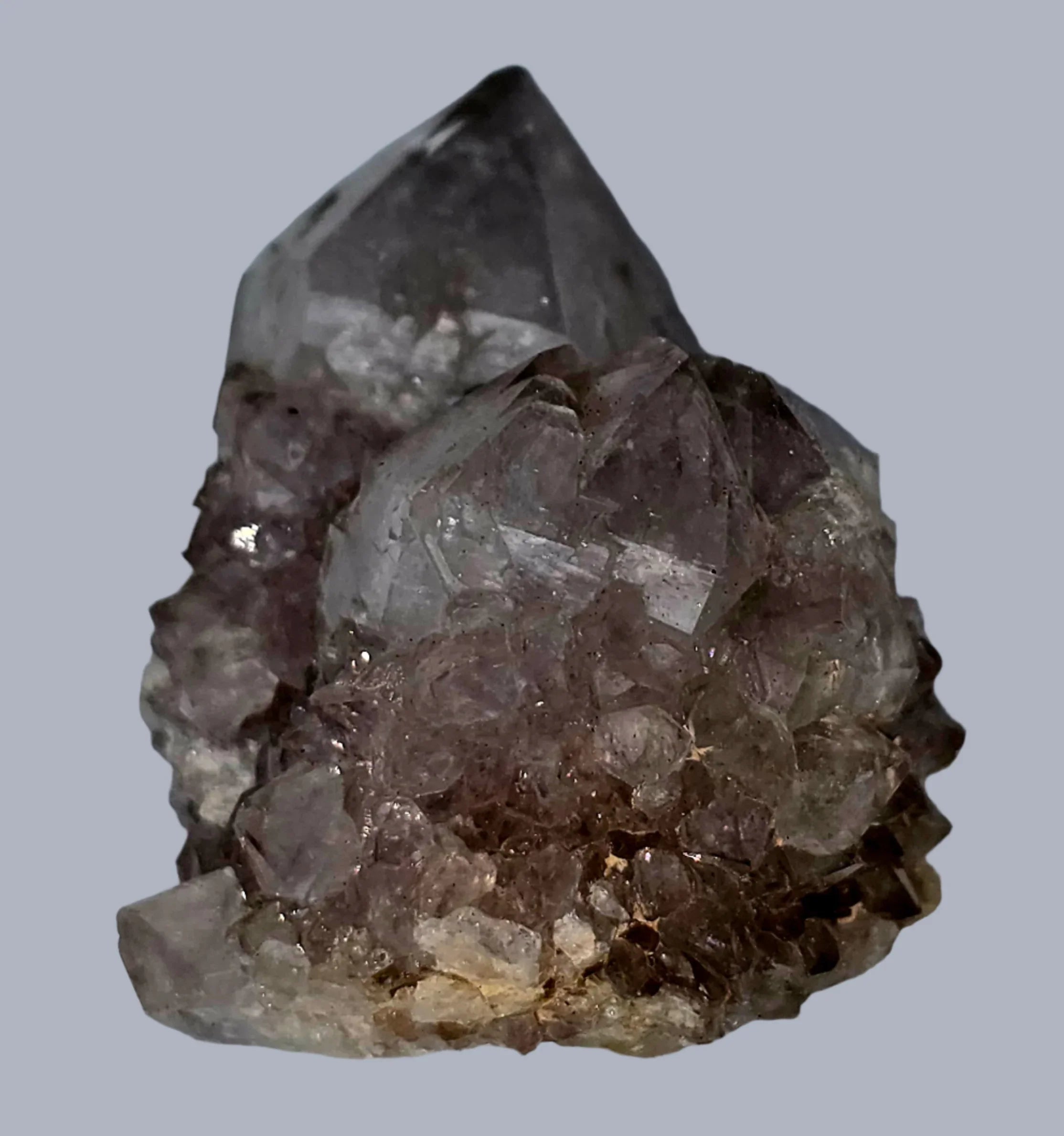 Amethyst crystal cluster with smoky quartz point, natural mineral specimen for collectors