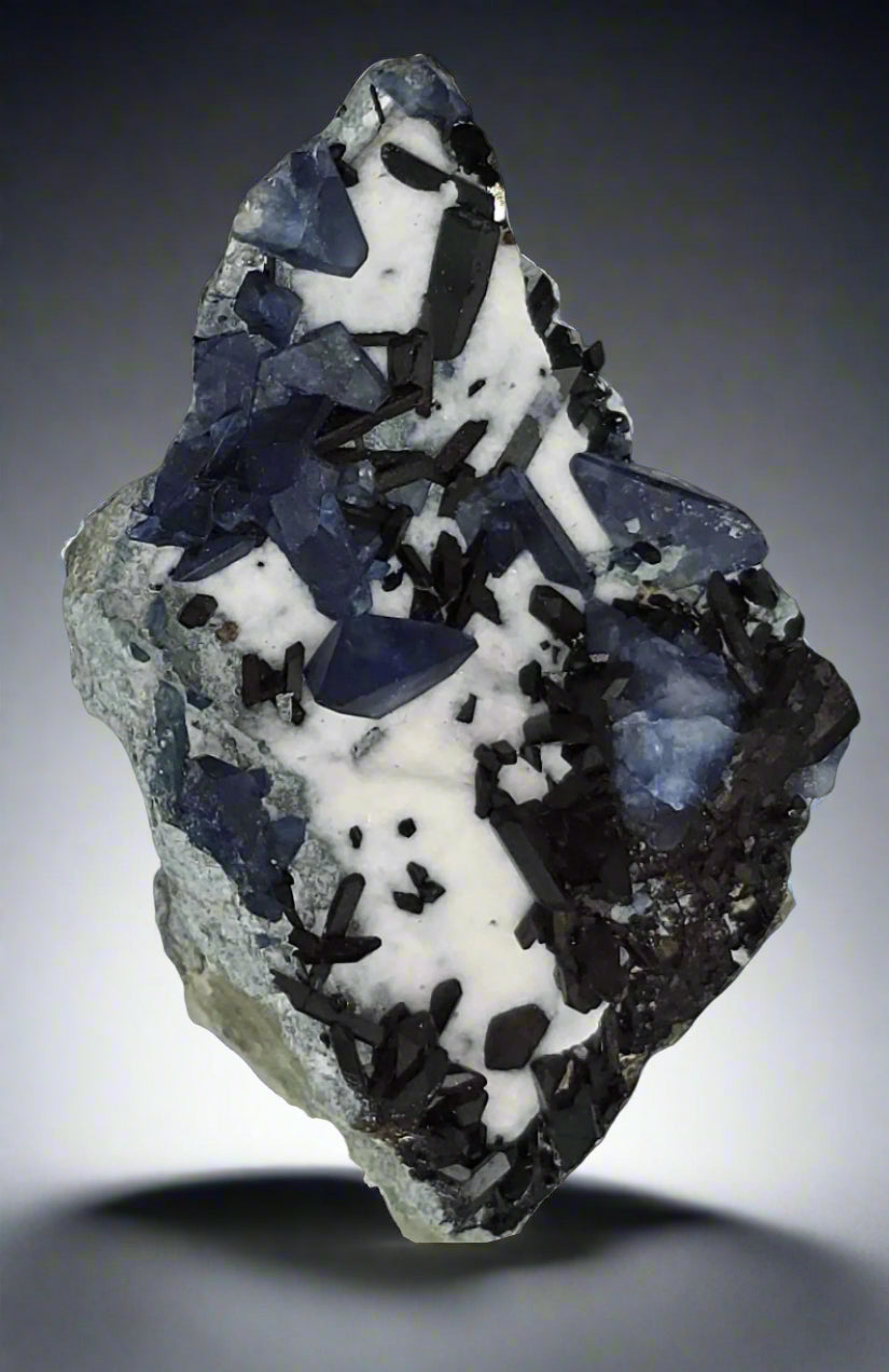 BENITOITE (BLUE), NEPTUNITE (BLACKISH RED), JOAQUINITE (BROWN) on NATROLITE (WHITE) (miniature)