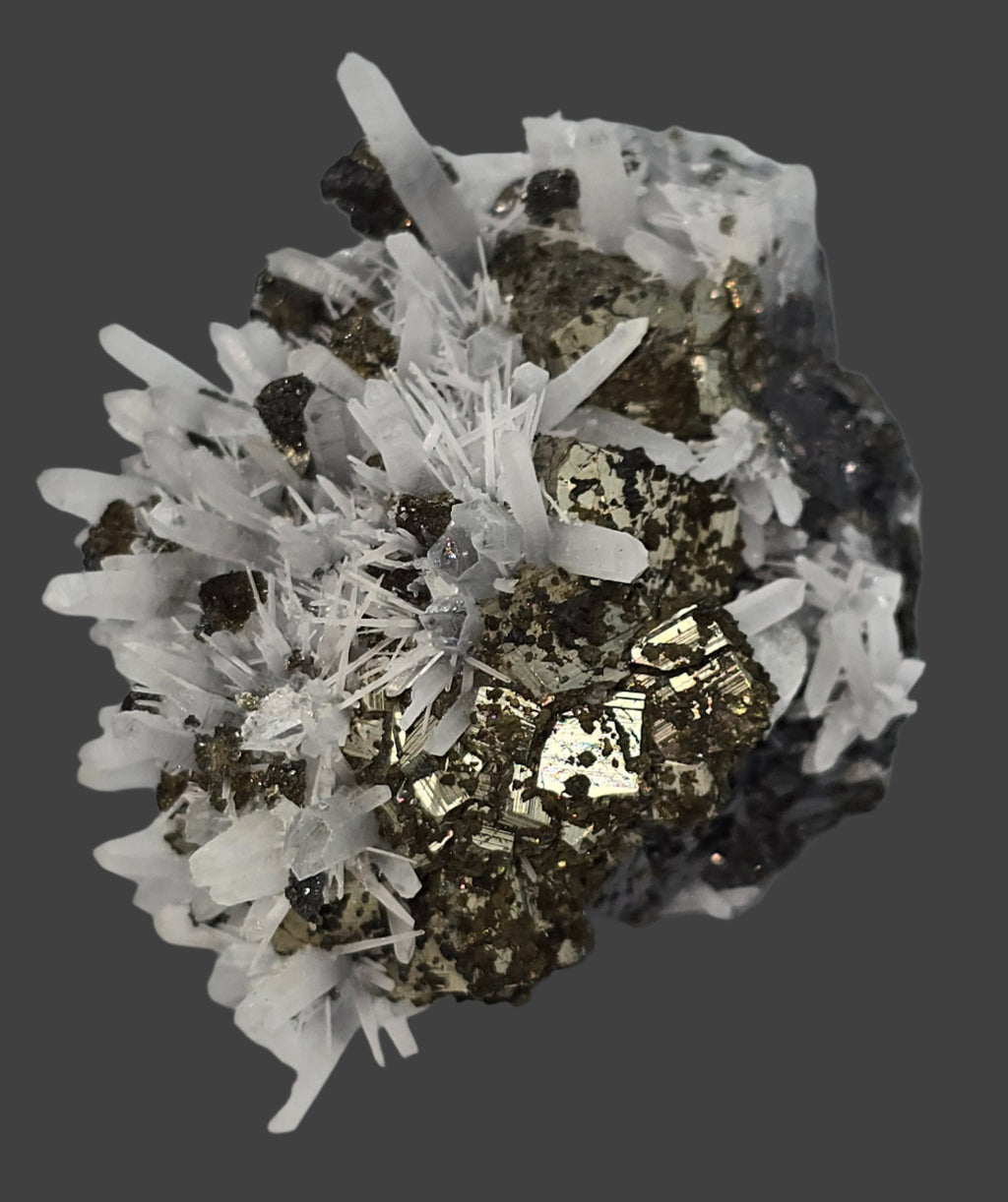 CHALCOPYRITE, PYRITE with NEEDLE QUARTZ  SMALL CABINET