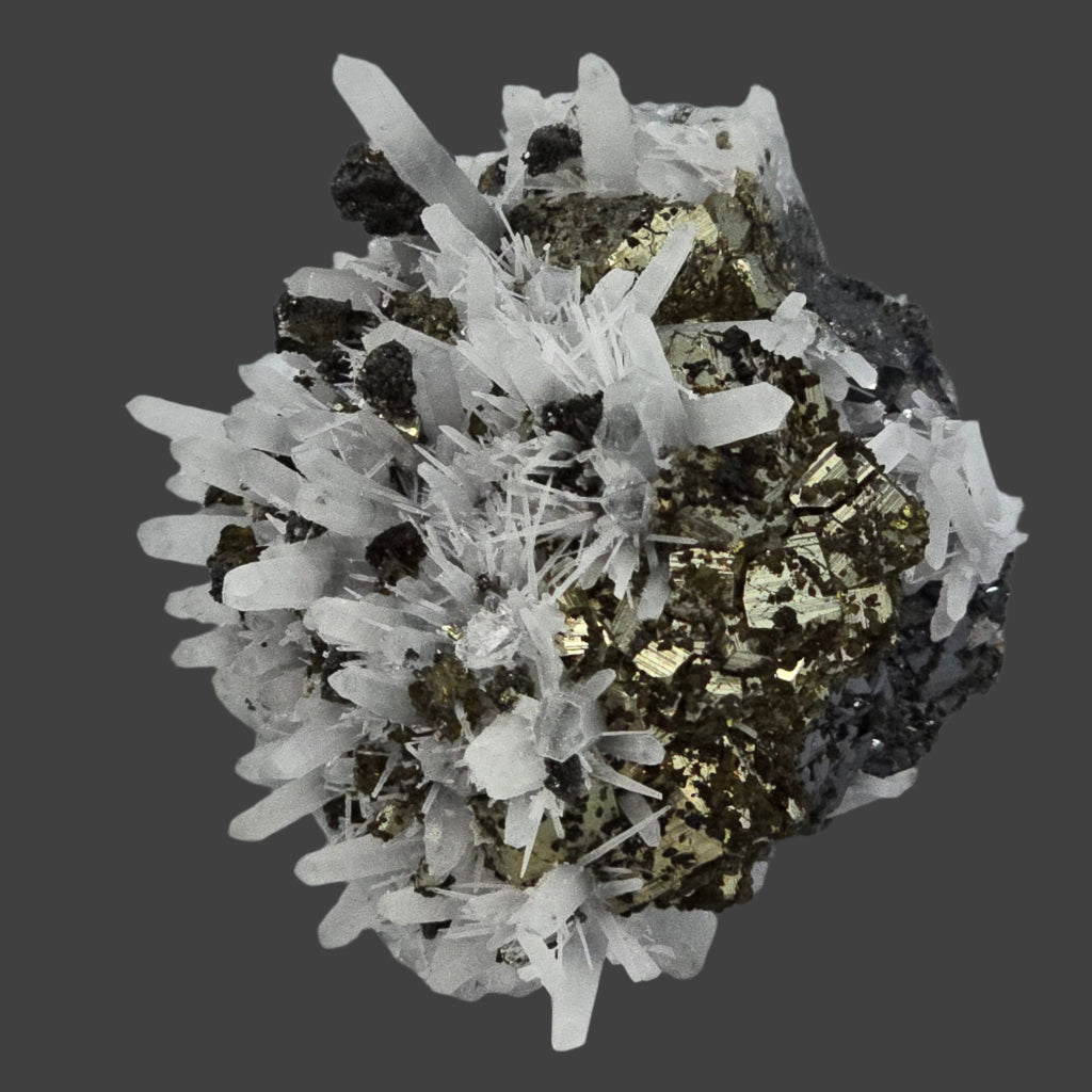 CHALCOPYRITE, PYRITE with NEEDLE QUARTZ  SMALL CABINET