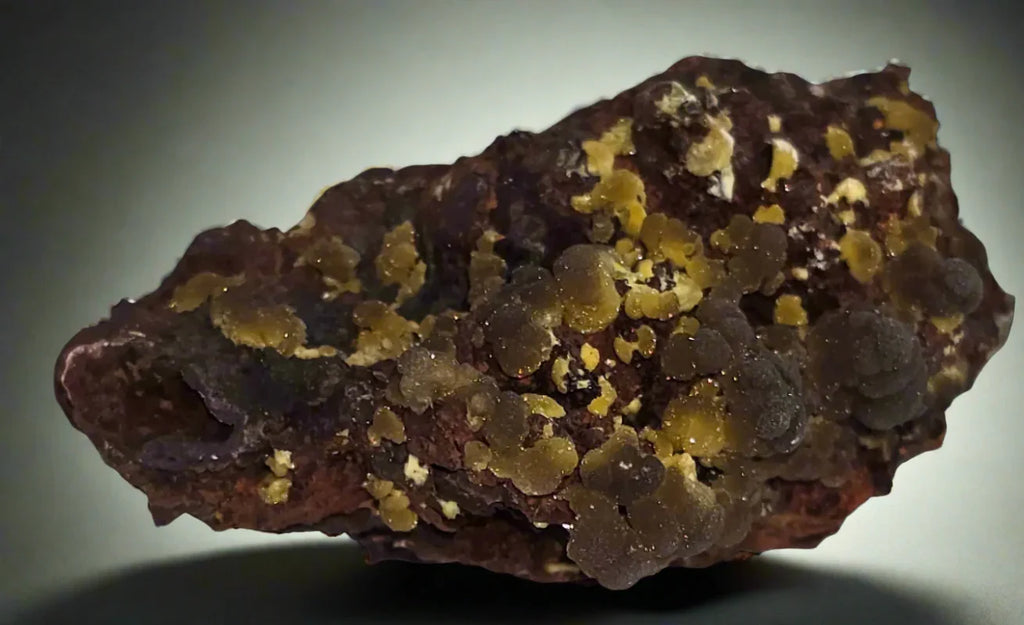 Hematite with yellow sulfur crystals from classic locality, mineral specimen for collectors