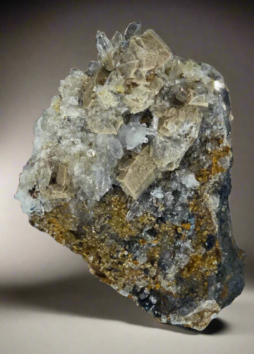 WHITEITE (EXTREMELY RARE), ARROJADITE, QUARTZ, AZURITE, SIDERITE (miniature)
