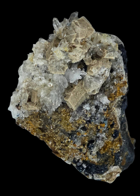 WHITEITE (EXTREMELY RARE), ARROJADITE, QUARTZ, AZURITE, SIDERITE