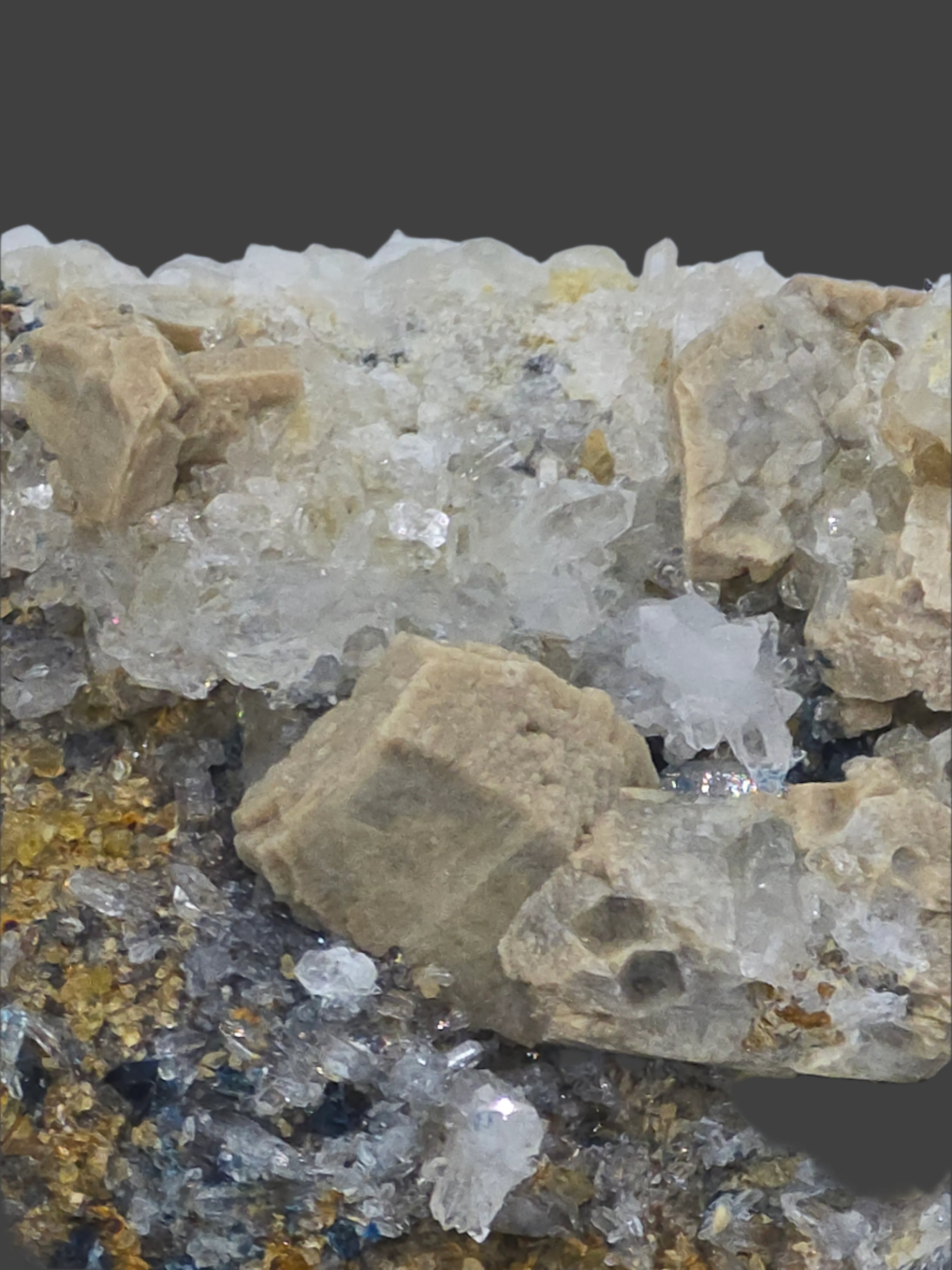 WHITEITE (EXTREMELY RARE), ARROJADITE, QUARTZ, AZURITE, SIDERITE (miniature)