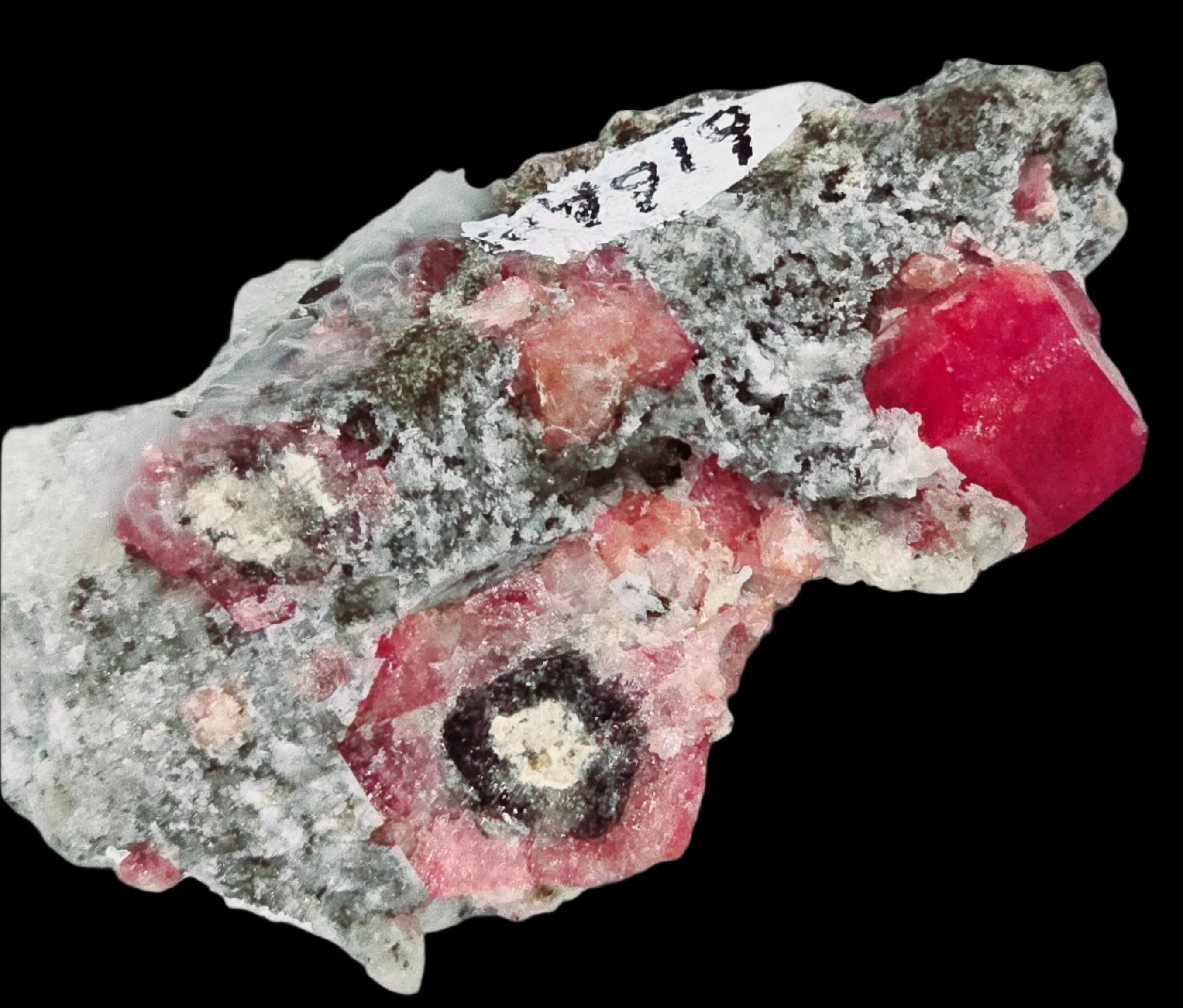 Rhodochrosite mineral specimen with vibrant red crystals on matrix, labeled 6164919