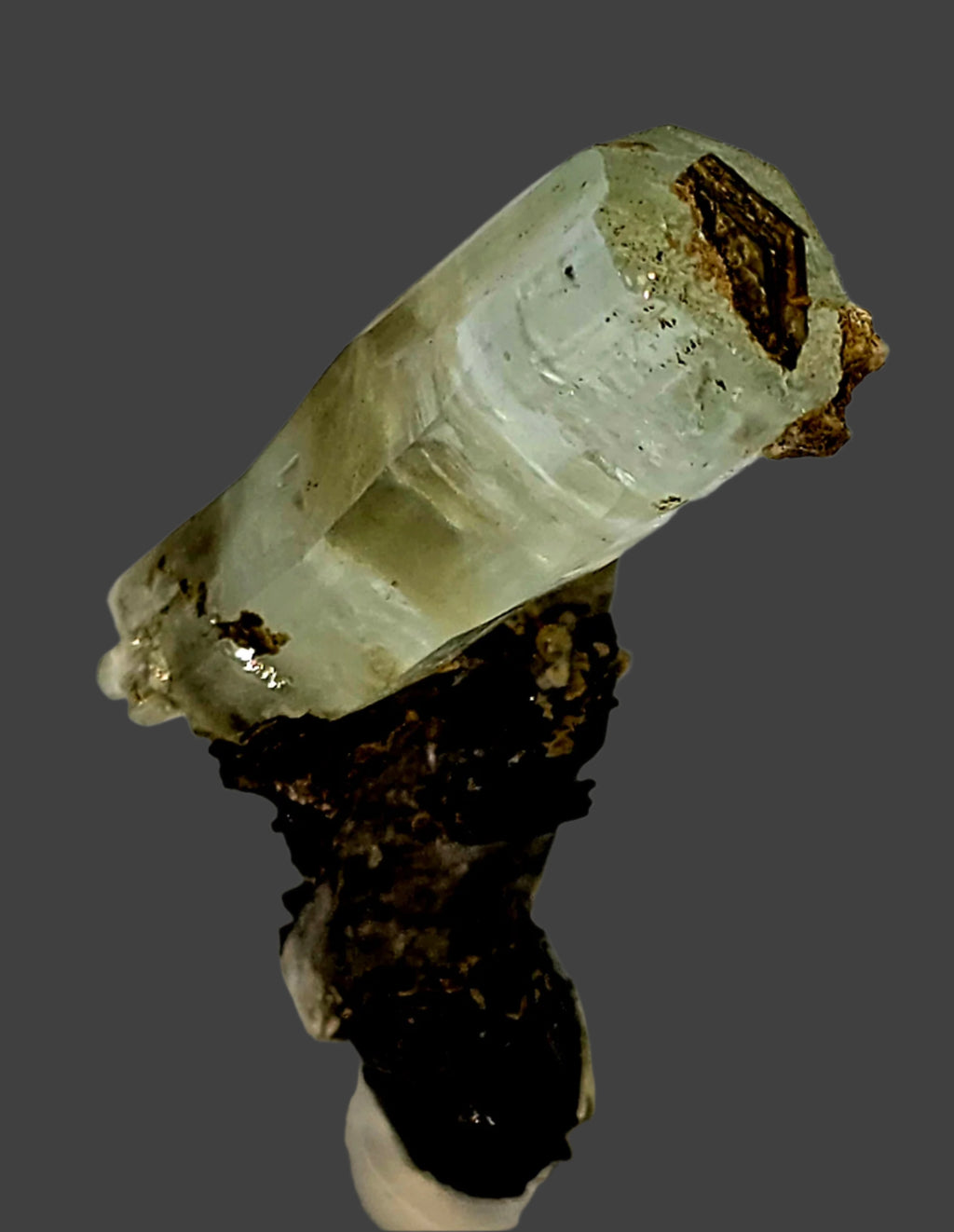 AQUAMARINE (BERYL) ON SCHORL (BLACK TOURMALINE) and MUSCOVITE (small cabinet)
