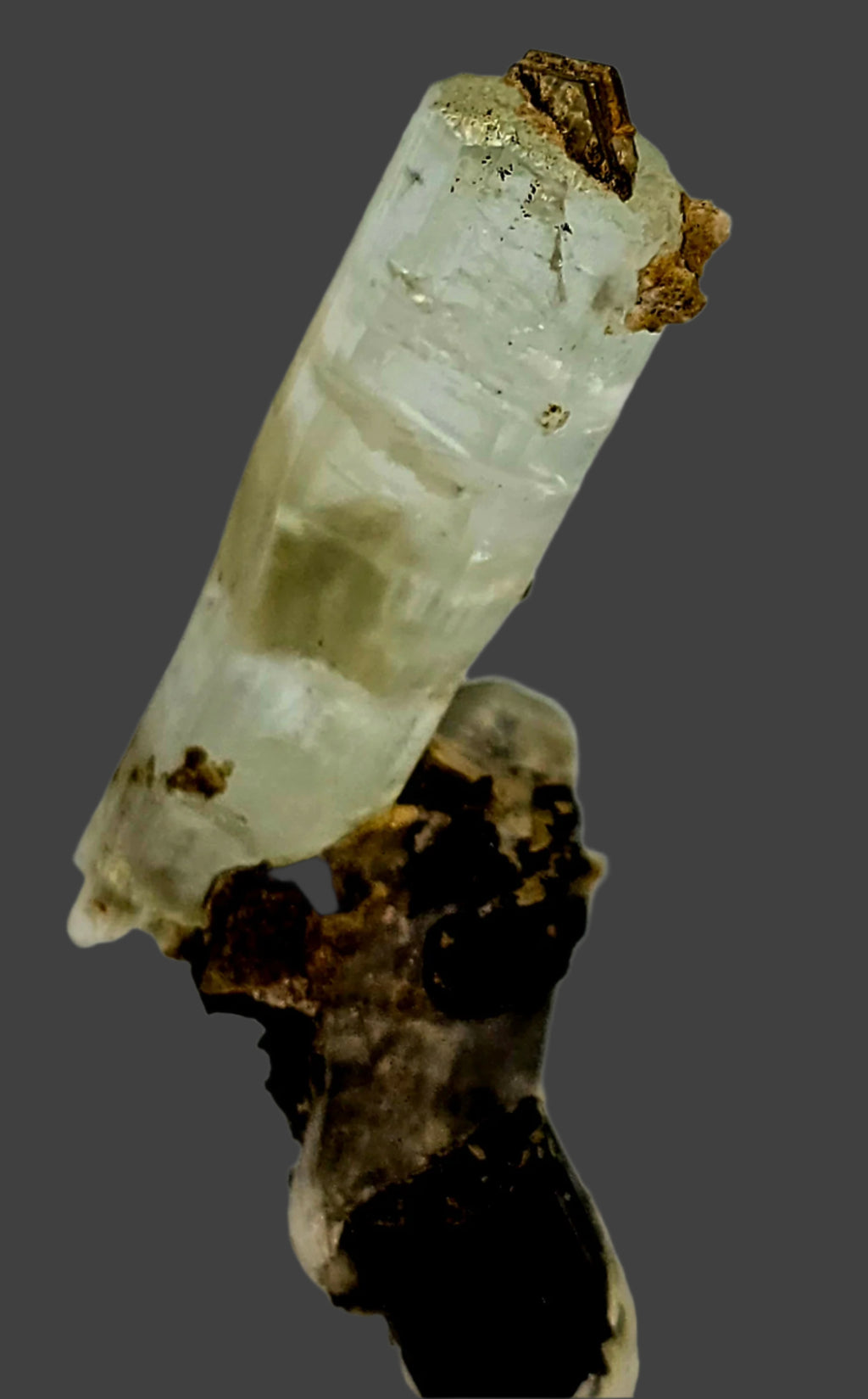AQUAMARINE (BERYL) ON SCHORL (BLACK TOURMALINE) and MUSCOVITE (small cabinet)