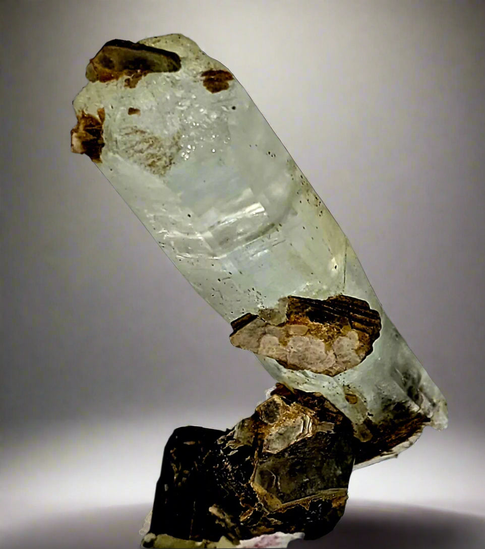 AQUAMARINE (BERYL) ON SCHORL (BLACK TOURMALINE) and MUSCOVITE (small cabinet)