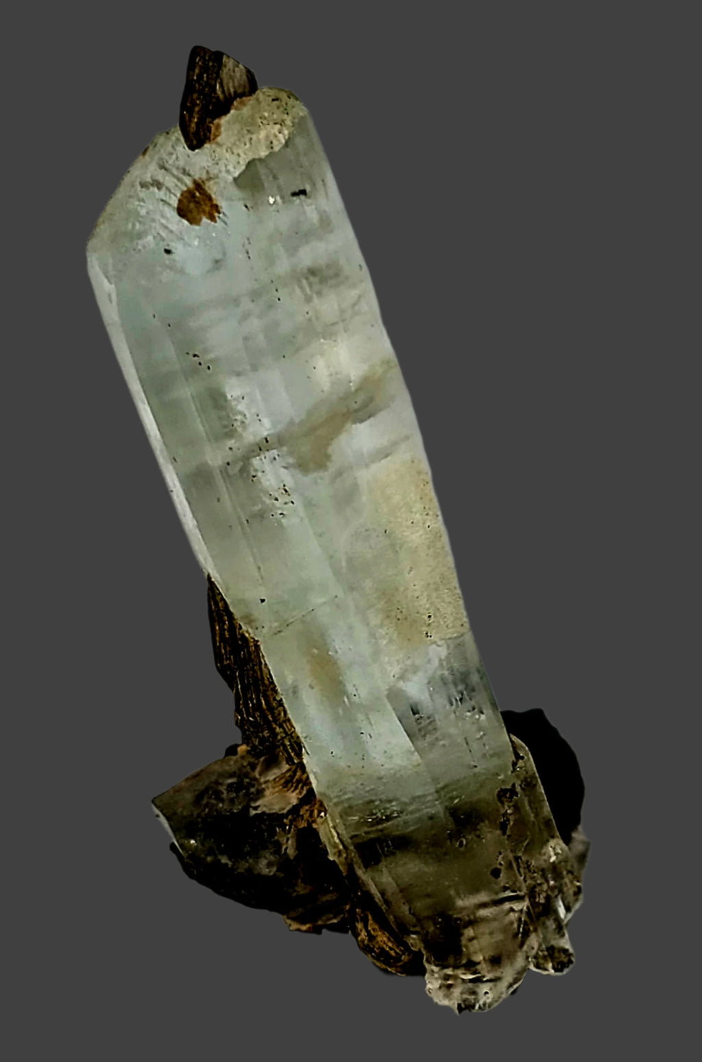 AQUAMARINE (BERYL) ON SCHORL (BLACK TOURMALINE) and MUSCOVITE (small cabinet)
