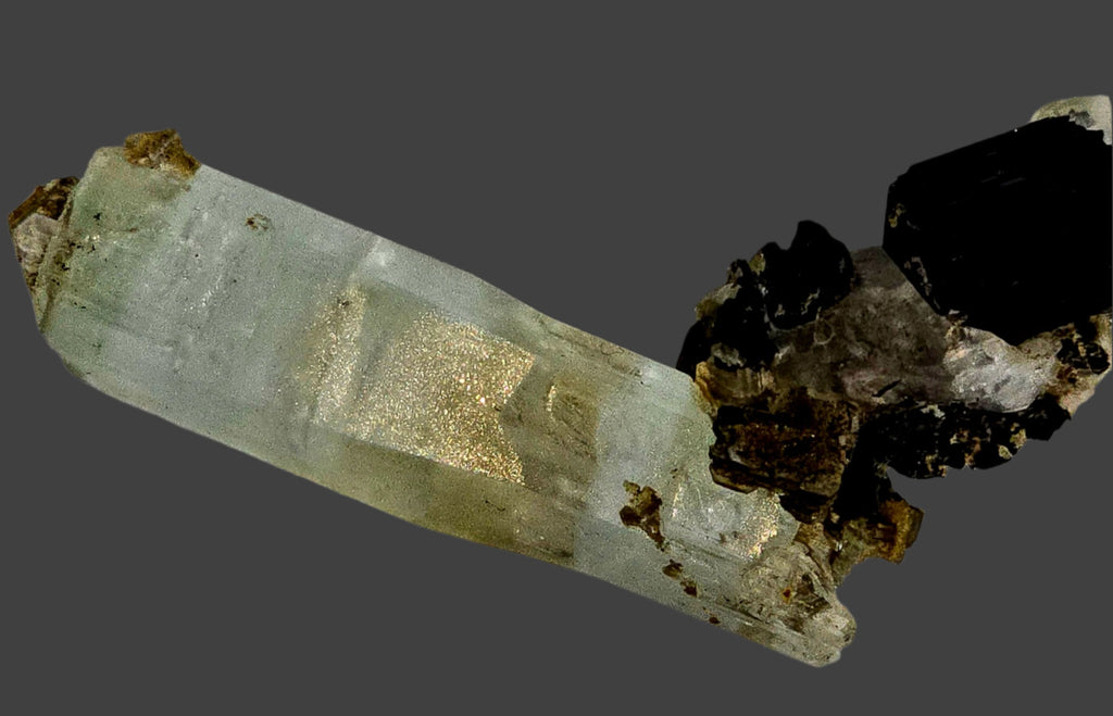 AQUAMARINE (BERYL) ON SCHORL (BLACK TOURMALINE) and MUSCOVITE (small cabinet)