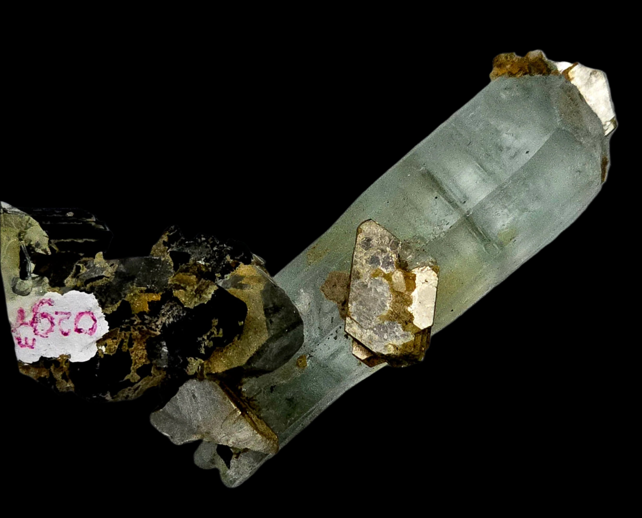 AQUAMARINE (BERYL) ON SCHORL (BLACK TOURMALINE) and MUSCOVITE (small cabinet)