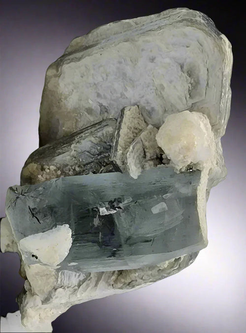 Fluorite crystal specimen from Derbyshire, UK, with clear blue cube on matrix, mineral collector display